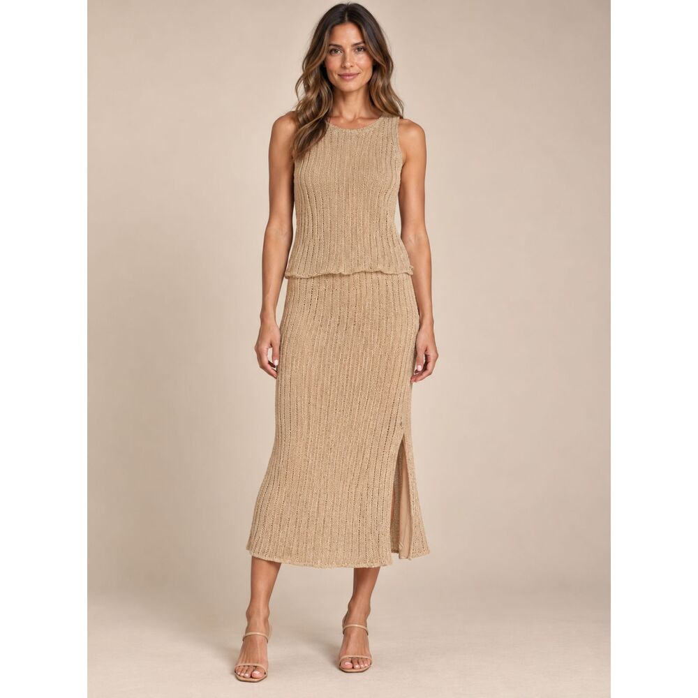 Lauren Ralph Lauren Linen Knit Tank Midi Skirt Set M Beige Side Slit Two Piece